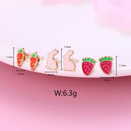Carrot, Strawberry, Rabbit 3 Pairs Kids Stud Earring