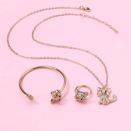Cat Style Necklace, Bracelet & Ring Jewellery Set For Kid