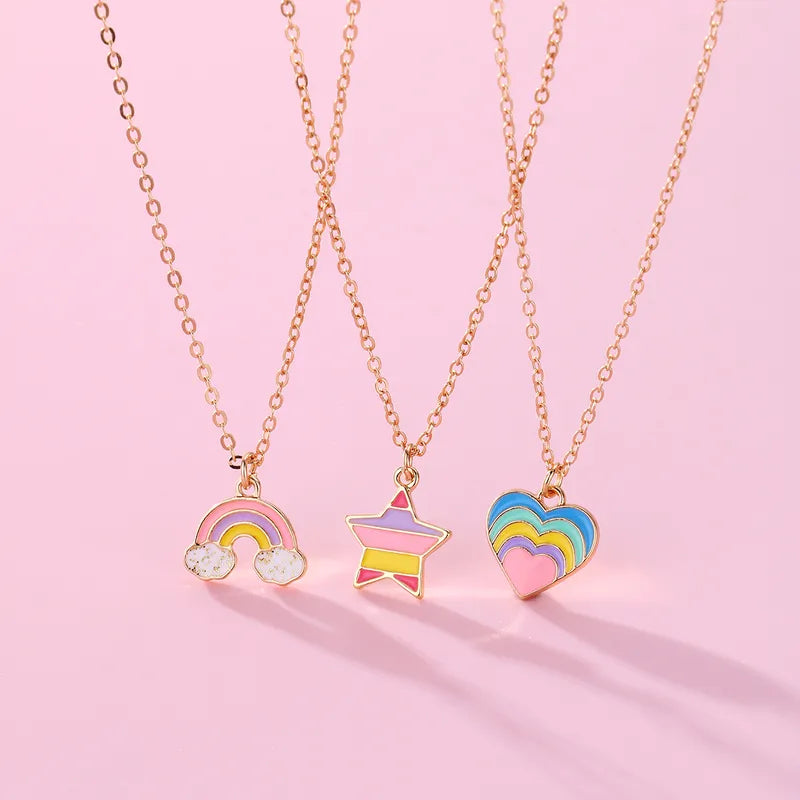 Cute Rainbow Star Heart Pendant Necklace For Girl Kid Set of 3