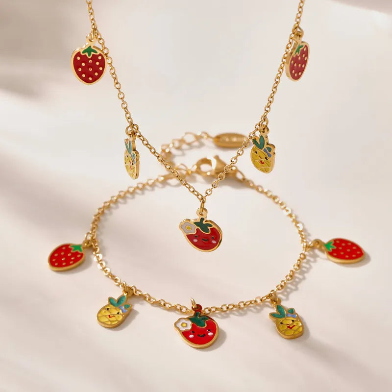 Fruit Design 18K Gold Plated Necklace & Bracelet Set For Girl Kid