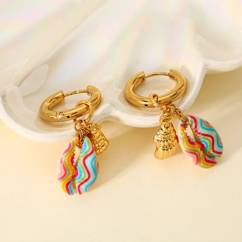 Gold Finish Colorful Shell Charm Hoop Earrings