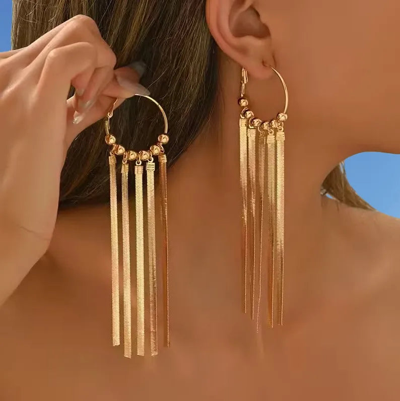 Luxury Gold Fringe Hoop Tassel Earrings