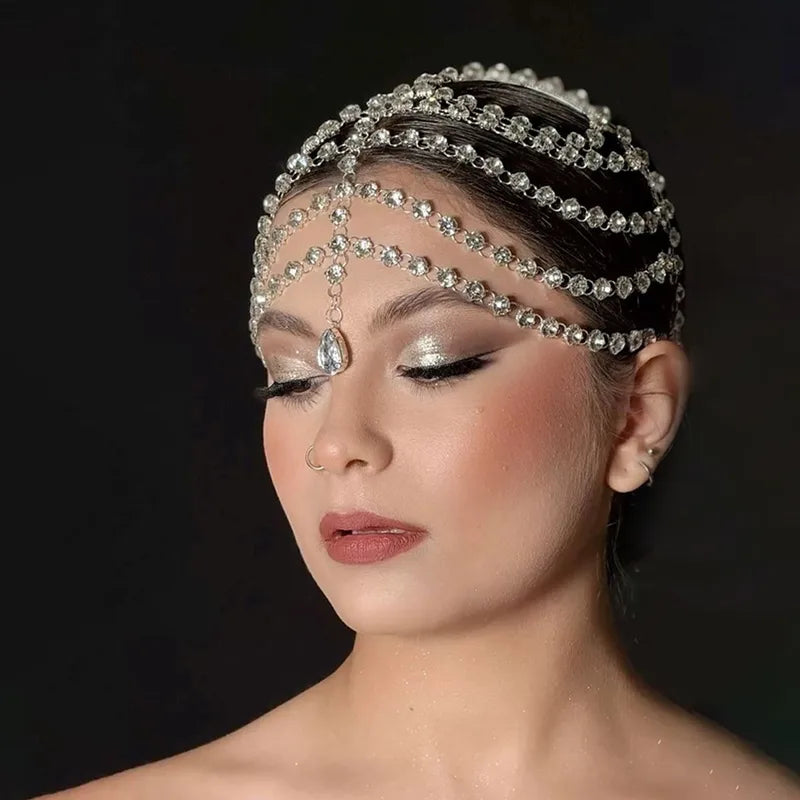 Multi-Layer Silver Crystal Bridal Head Chain