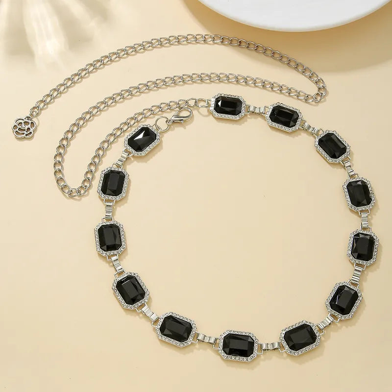 Rhinestone Metal Waist Chain Silver with Black Diamond Women