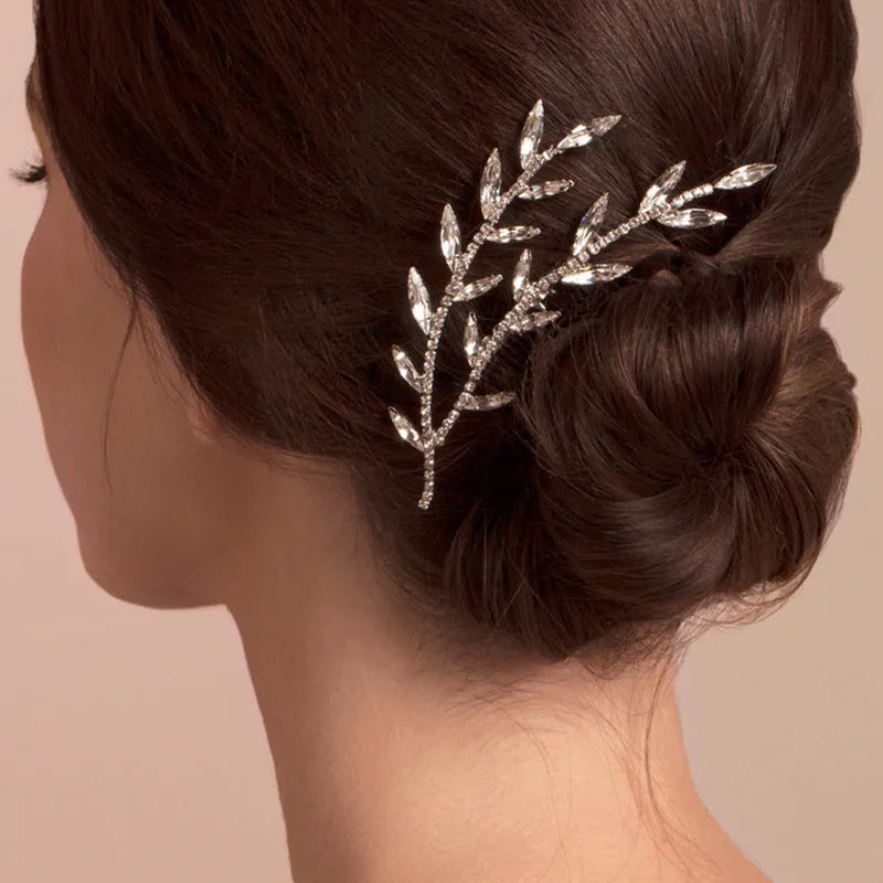 Silver Crystal Leaf Hair Comb
