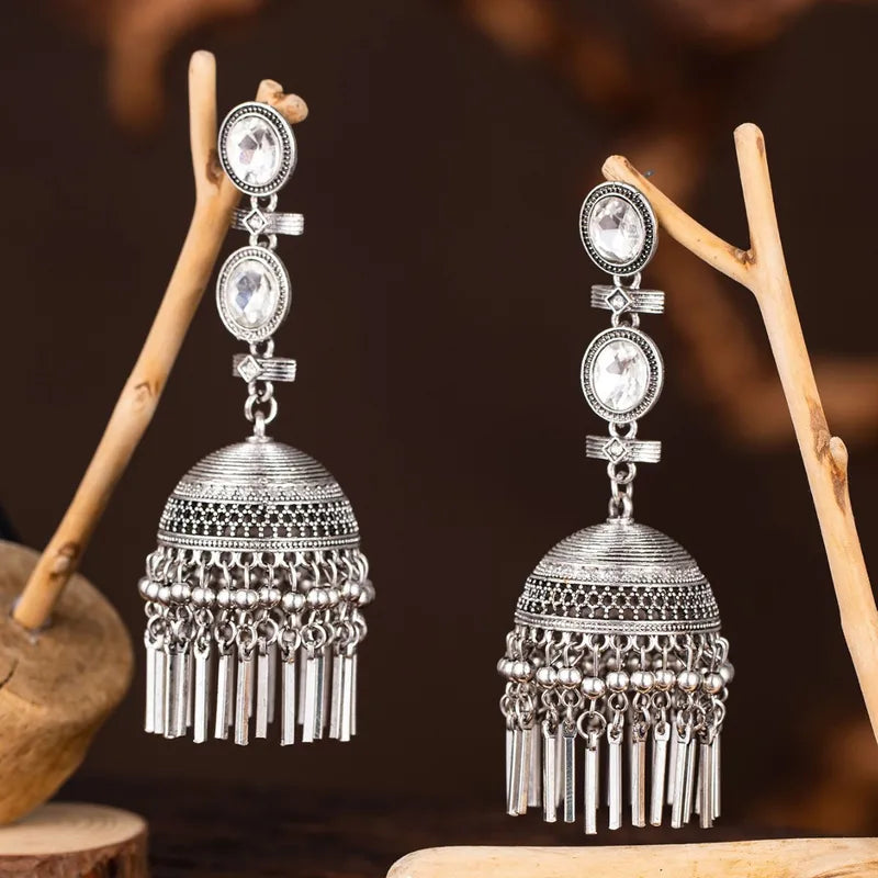 Silver Finish Crystal Jhumka Earrings for Women