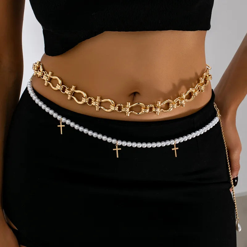 Women Stylish Pearl and Cross Charm Waist Chain