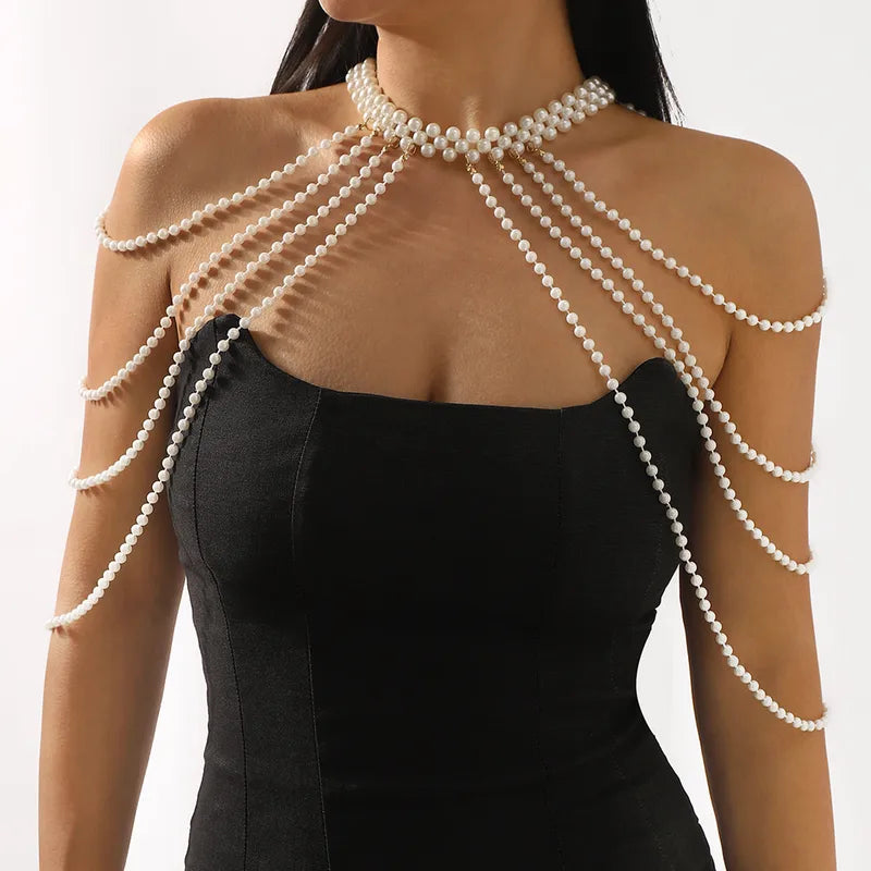 Women's Layered Pearl Shoulder Chest Chain Necklace
