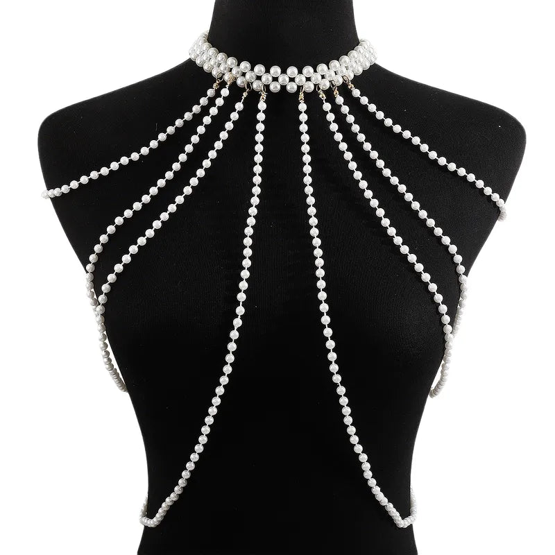Women's Layered Pearl Shoulder Chest Chain Necklace