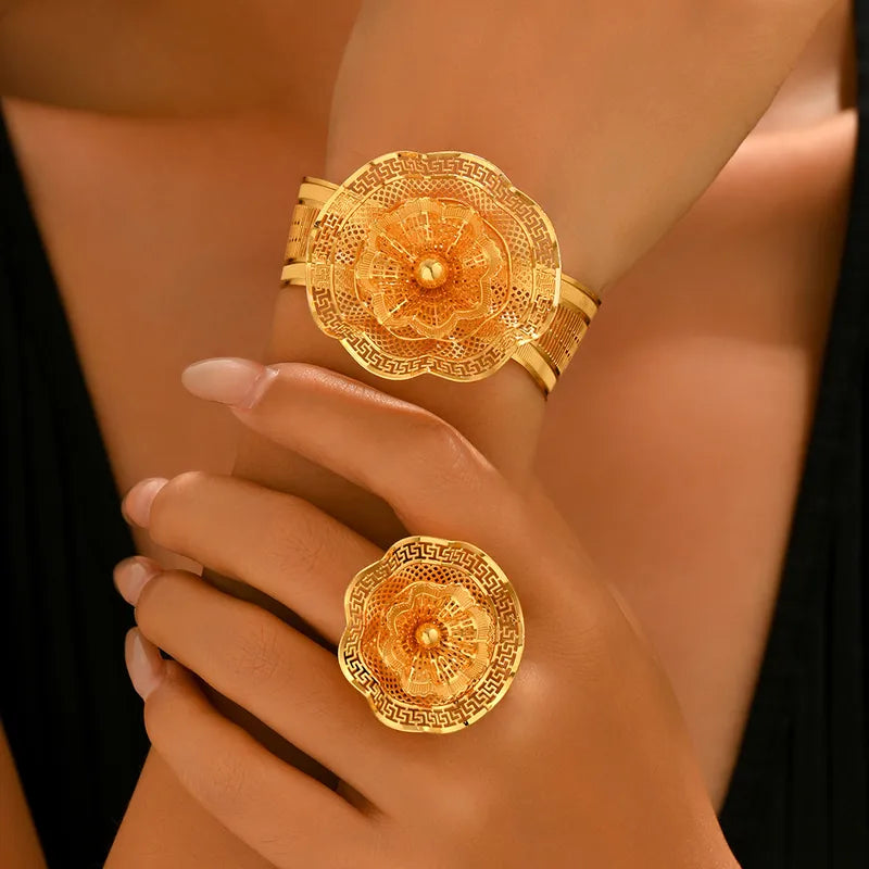 Women's Luxury Gold Flower Bracelet & Ring